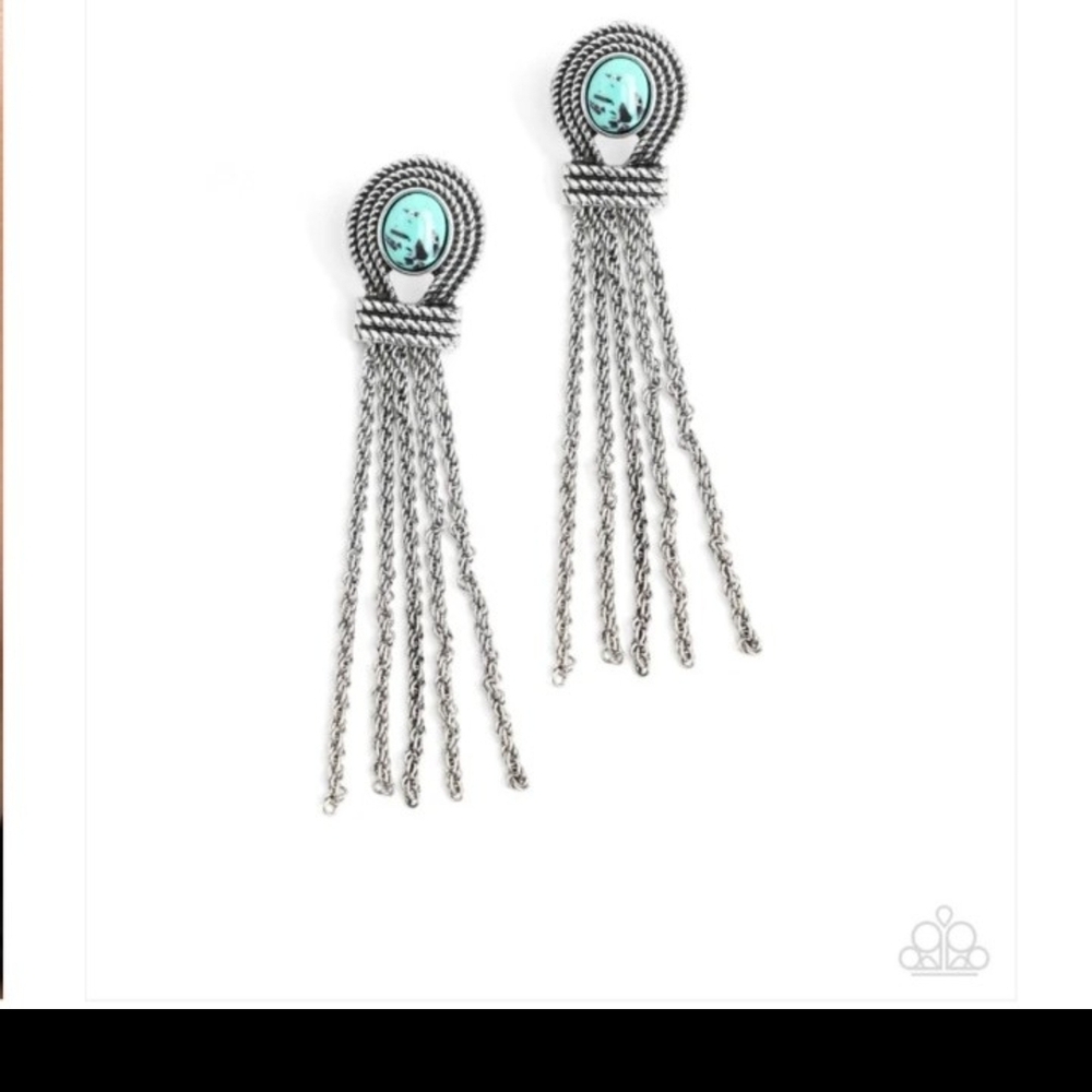 Paparazzi Silver and Turquoise Fringe Earrings Santa Fe Spell Green Post Jewelry